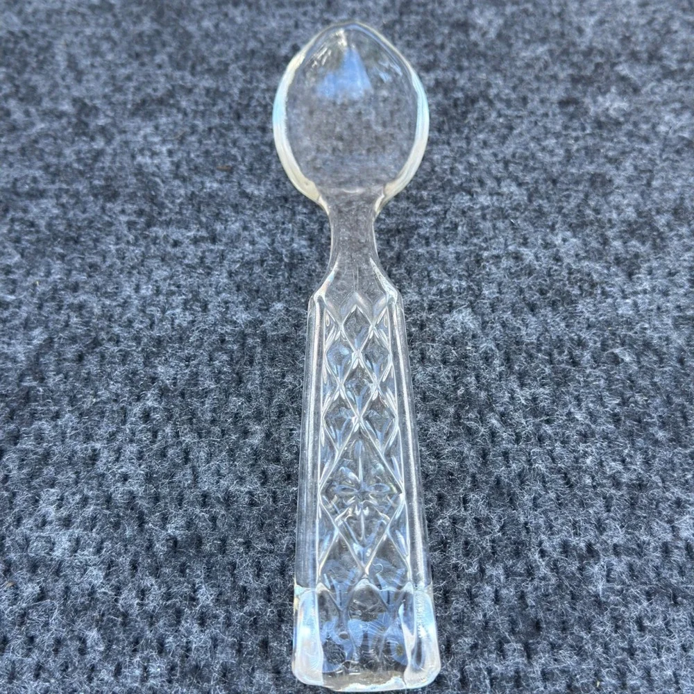 Vintage Clear Pressed Glass Serving Spoon Diamond Point Star Pattern 9 Inch